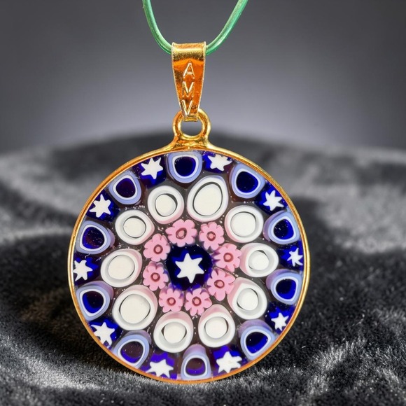 AMV Jewelry - AMV Murano Millefiori Glass Pendant Hand Made Glass Italy‎ Blue Pink Star VTG